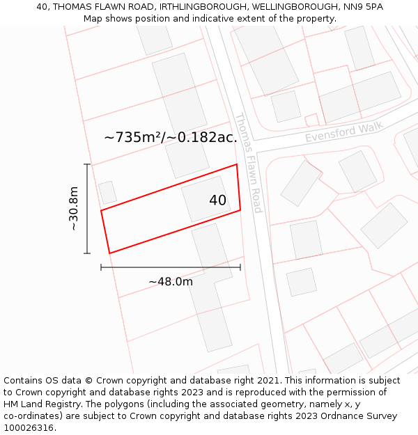 40, THOMAS FLAWN ROAD, IRTHLINGBOROUGH, WELLINGBOROUGH, NN9 5PA: Plot and title map