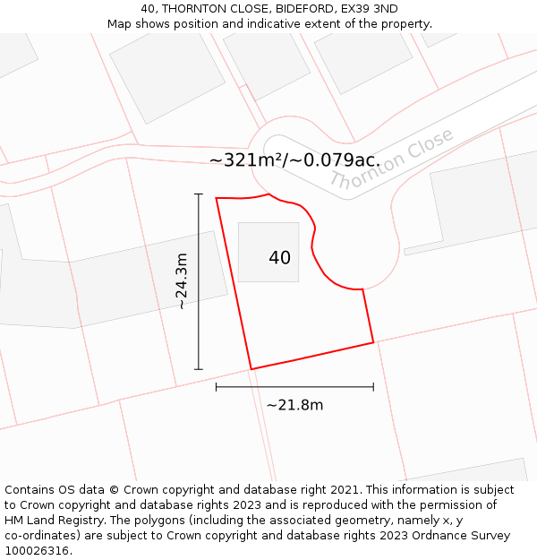 40, THORNTON CLOSE, BIDEFORD, EX39 3ND: Plot and title map