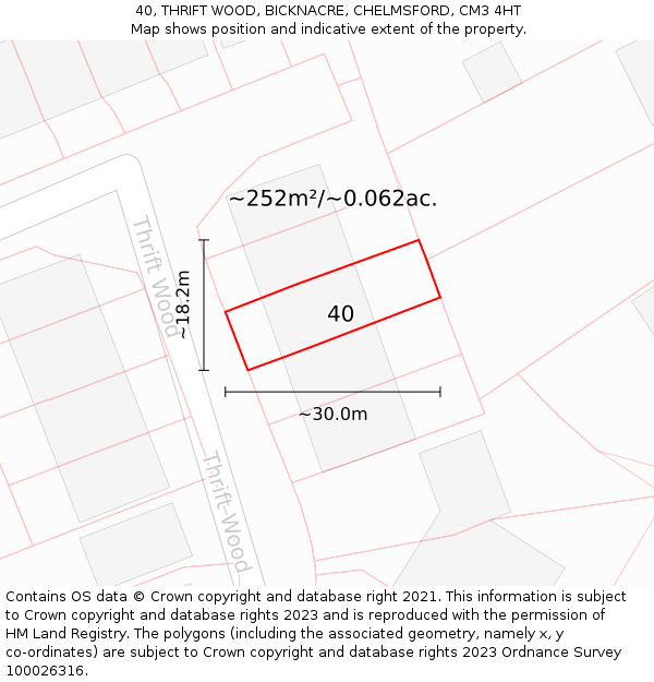 40, THRIFT WOOD, BICKNACRE, CHELMSFORD, CM3 4HT: Plot and title map