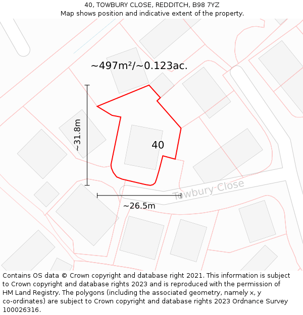 40, TOWBURY CLOSE, REDDITCH, B98 7YZ: Plot and title map