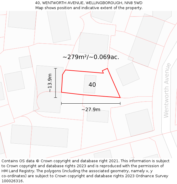 40, WENTWORTH AVENUE, WELLINGBOROUGH, NN8 5WD: Plot and title map