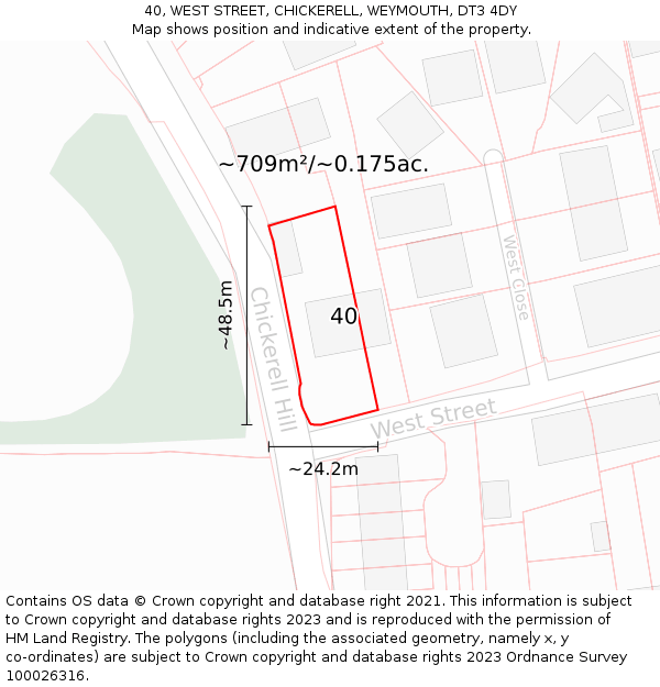 40, WEST STREET, CHICKERELL, WEYMOUTH, DT3 4DY: Plot and title map