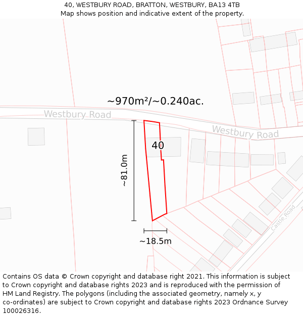 40, WESTBURY ROAD, BRATTON, WESTBURY, BA13 4TB: Plot and title map