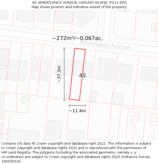 40, WHEATLANDS AVENUE, HAYLING ISLAND, PO11 9SQ: Plot and title map