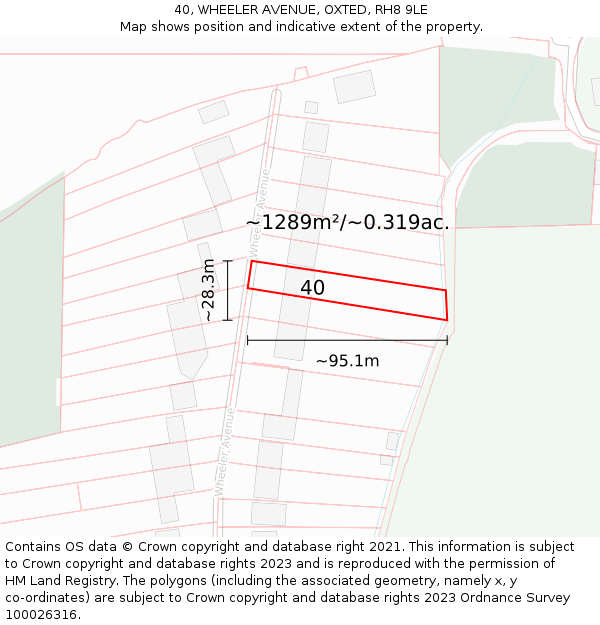 40, WHEELER AVENUE, OXTED, RH8 9LE: Plot and title map