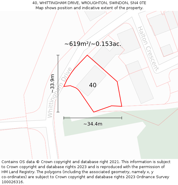 40, WHITTINGHAM DRIVE, WROUGHTON, SWINDON, SN4 0TE: Plot and title map