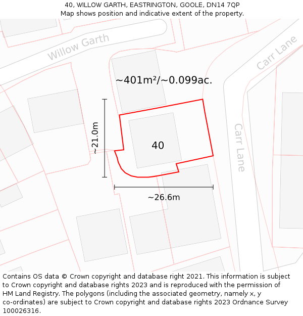 40, WILLOW GARTH, EASTRINGTON, GOOLE, DN14 7QP: Plot and title map