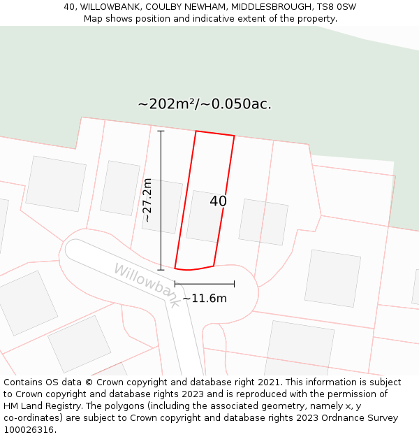 40, WILLOWBANK, COULBY NEWHAM, MIDDLESBROUGH, TS8 0SW: Plot and title map