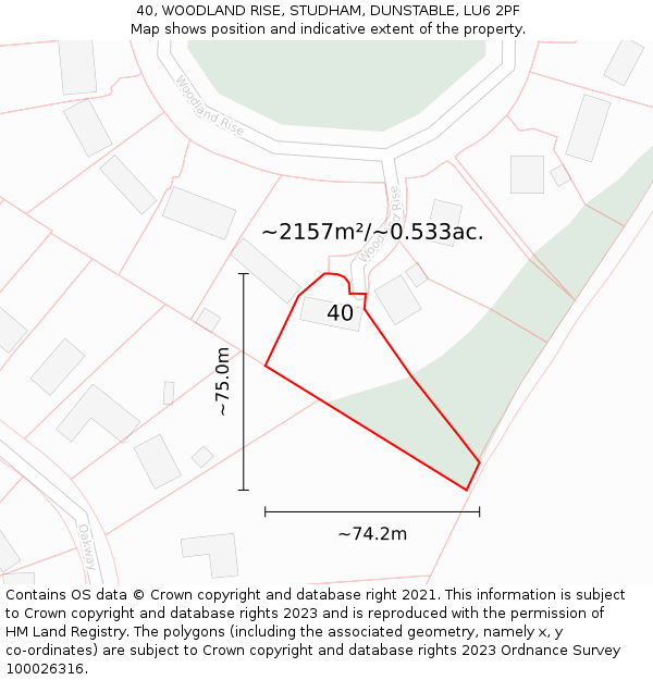 40, WOODLAND RISE, STUDHAM, DUNSTABLE, LU6 2PF: Plot and title map