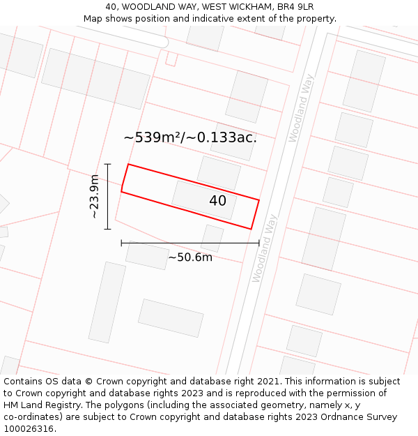 40, WOODLAND WAY, WEST WICKHAM, BR4 9LR: Plot and title map