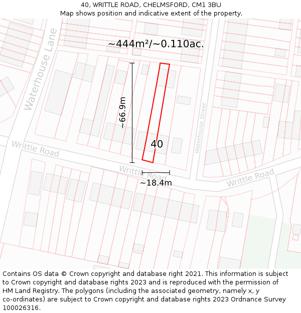 40, WRITTLE ROAD, CHELMSFORD, CM1 3BU: Plot and title map