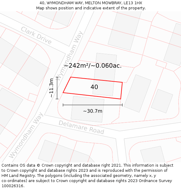 40, WYMONDHAM WAY, MELTON MOWBRAY, LE13 1HX: Plot and title map