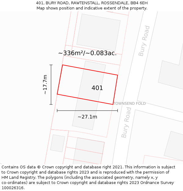 401, BURY ROAD, RAWTENSTALL, ROSSENDALE, BB4 6EH: Plot and title map