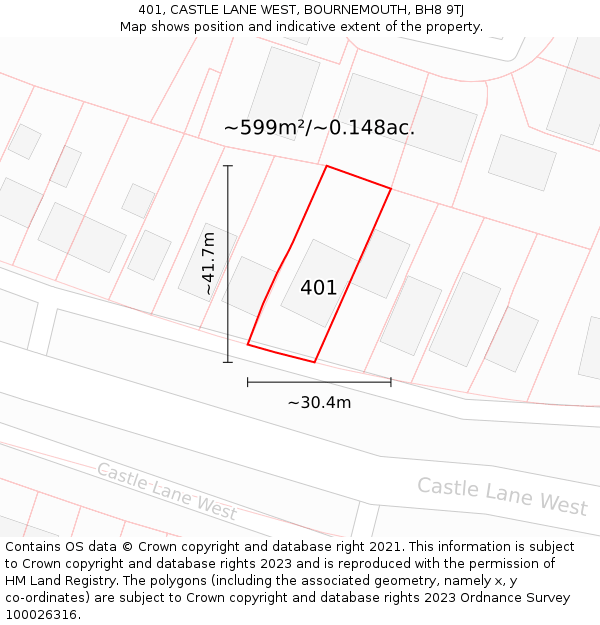 401, CASTLE LANE WEST, BOURNEMOUTH, BH8 9TJ: Plot and title map