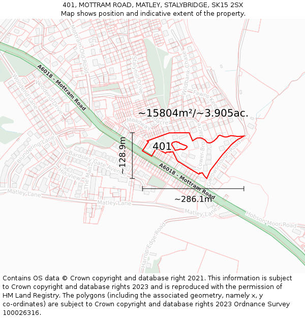 401, MOTTRAM ROAD, MATLEY, STALYBRIDGE, SK15 2SX: Plot and title map