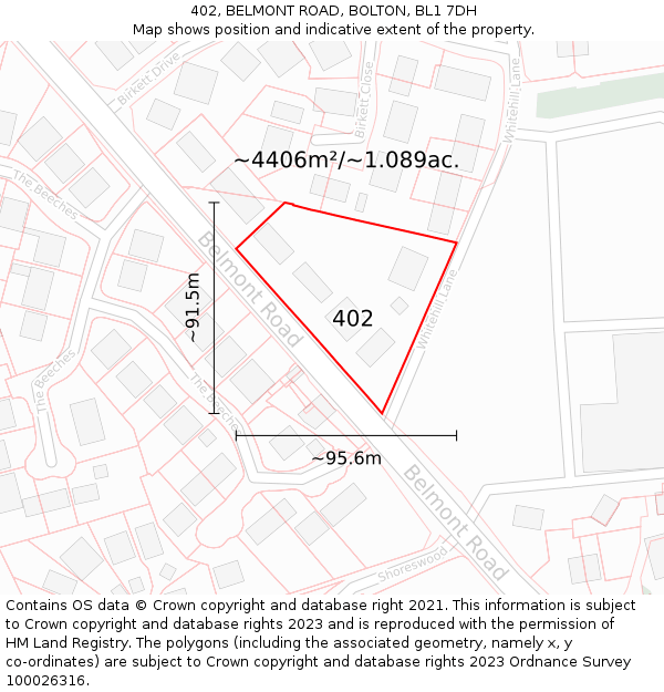 402, BELMONT ROAD, BOLTON, BL1 7DH: Plot and title map