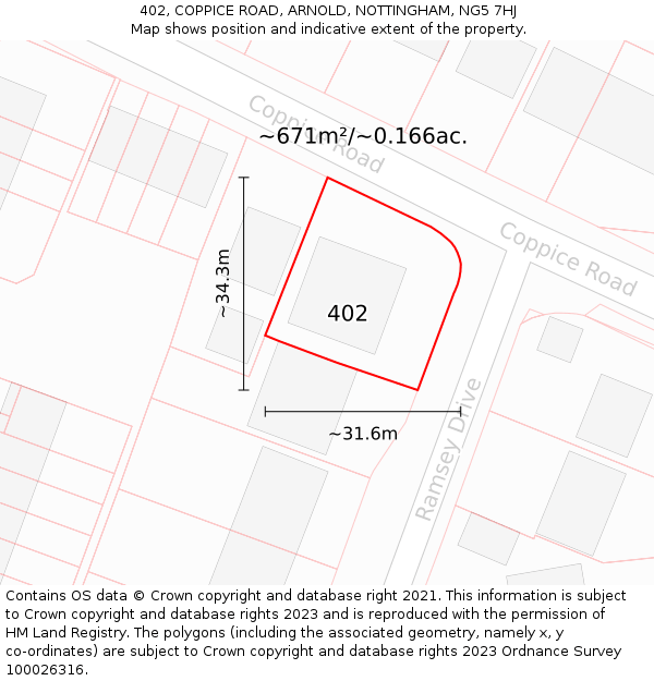 402, COPPICE ROAD, ARNOLD, NOTTINGHAM, NG5 7HJ: Plot and title map