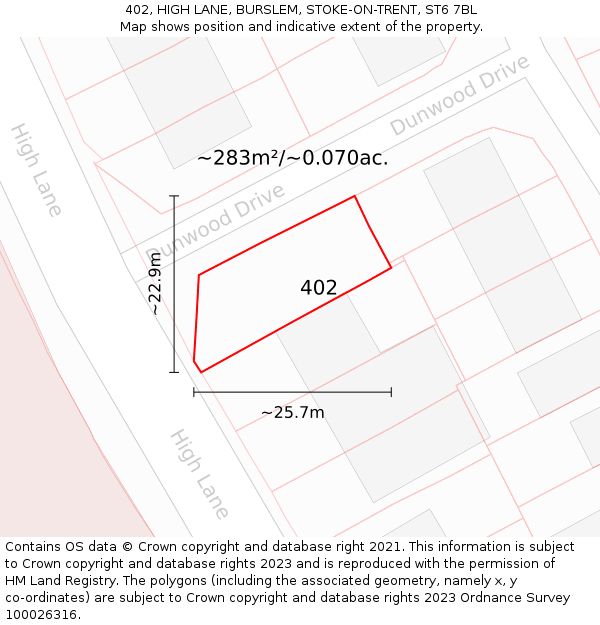 402, HIGH LANE, BURSLEM, STOKE-ON-TRENT, ST6 7BL: Plot and title map