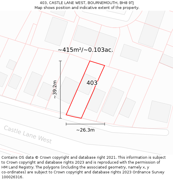 403, CASTLE LANE WEST, BOURNEMOUTH, BH8 9TJ: Plot and title map