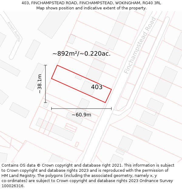 403, FINCHAMPSTEAD ROAD, FINCHAMPSTEAD, WOKINGHAM, RG40 3RL: Plot and title map