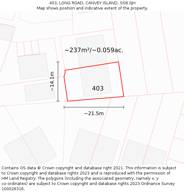 403, LONG ROAD, CANVEY ISLAND, SS8 0JH: Plot and title map