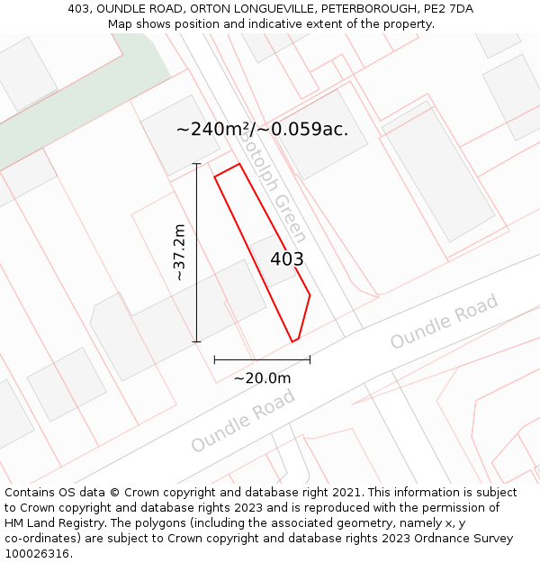 403, OUNDLE ROAD, ORTON LONGUEVILLE, PETERBOROUGH, PE2 7DA: Plot and title map