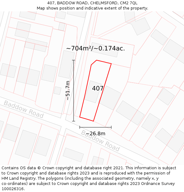 407, BADDOW ROAD, CHELMSFORD, CM2 7QL: Plot and title map