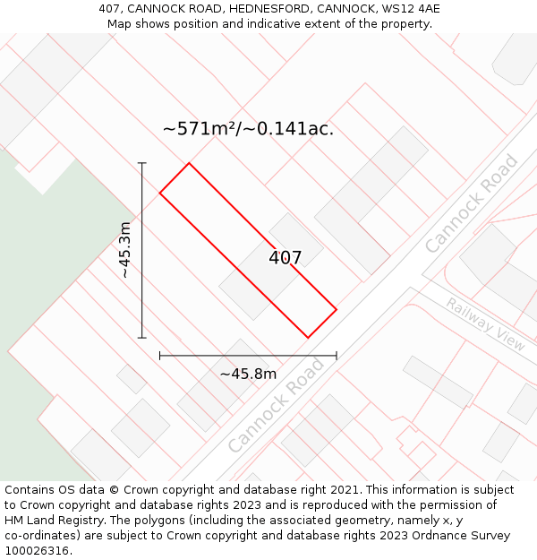 407, CANNOCK ROAD, HEDNESFORD, CANNOCK, WS12 4AE: Plot and title map