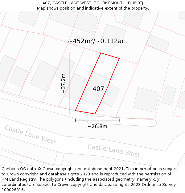 407, CASTLE LANE WEST, BOURNEMOUTH, BH8 9TJ: Plot and title map