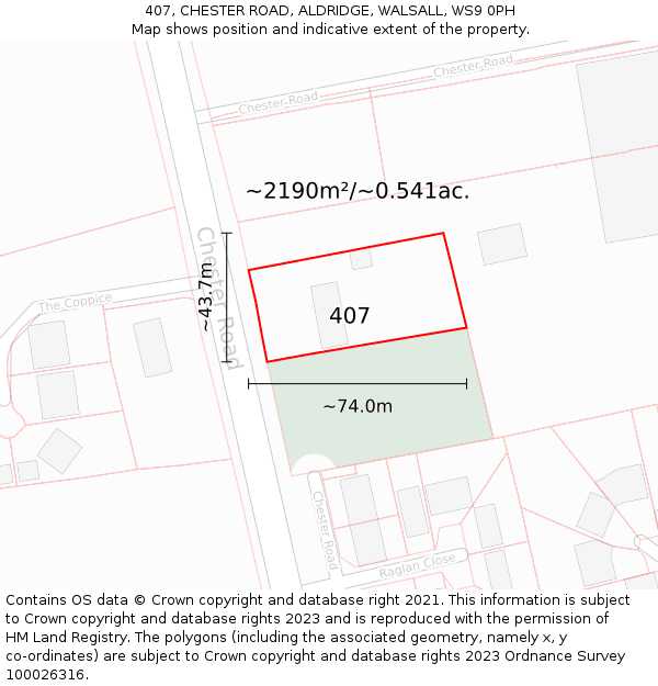 407, CHESTER ROAD, ALDRIDGE, WALSALL, WS9 0PH: Plot and title map