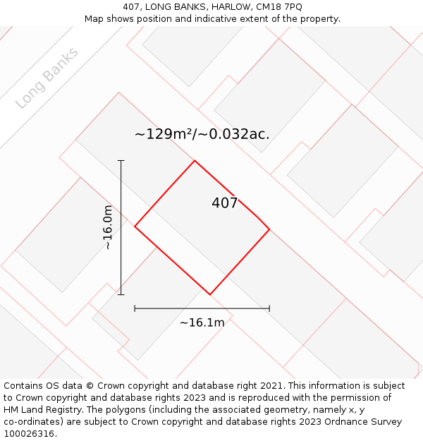 407, LONG BANKS, HARLOW, CM18 7PQ: Plot and title map