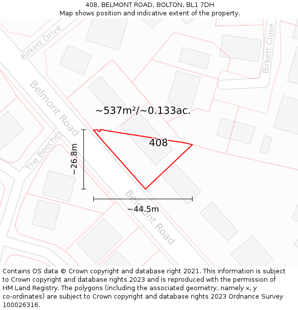 408, BELMONT ROAD, BOLTON, BL1 7DH: Plot and title map