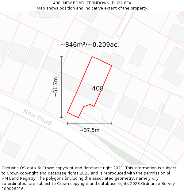 408, NEW ROAD, FERNDOWN, BH22 8EX: Plot and title map