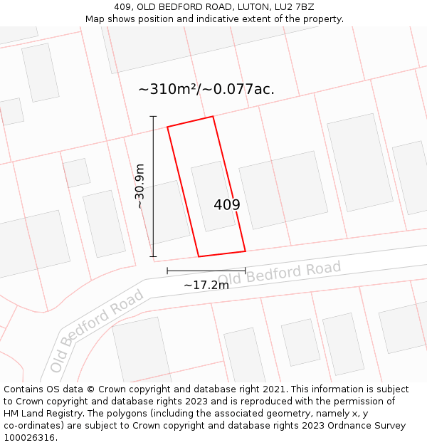 409, OLD BEDFORD ROAD, LUTON, LU2 7BZ: Plot and title map
