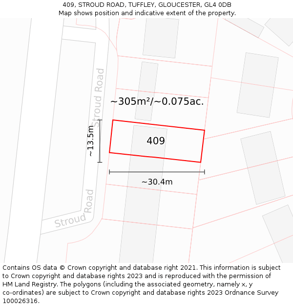 409, STROUD ROAD, TUFFLEY, GLOUCESTER, GL4 0DB: Plot and title map