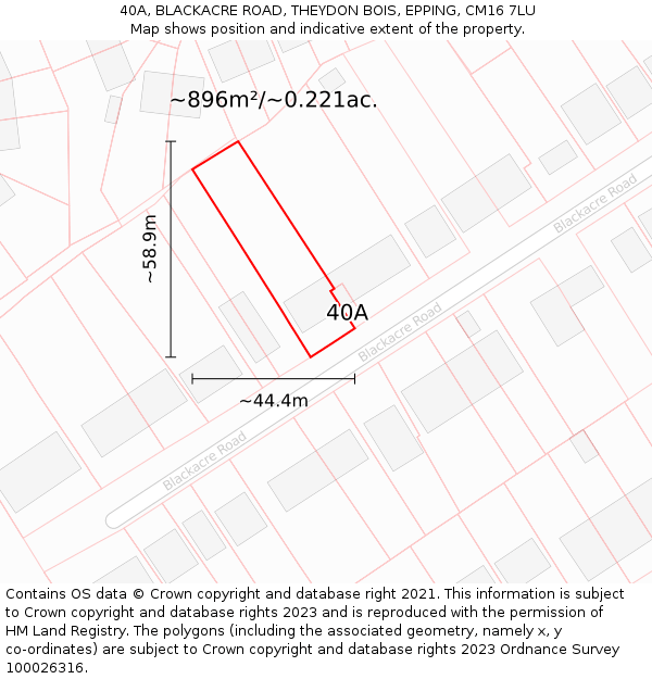40A, BLACKACRE ROAD, THEYDON BOIS, EPPING, CM16 7LU: Plot and title map