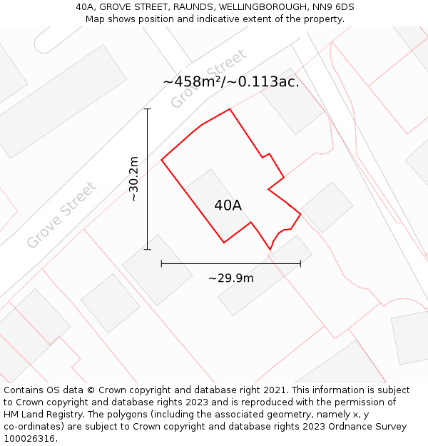 40A, GROVE STREET, RAUNDS, WELLINGBOROUGH, NN9 6DS: Plot and title map