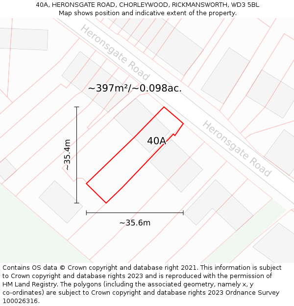 40A, HERONSGATE ROAD, CHORLEYWOOD, RICKMANSWORTH, WD3 5BL: Plot and title map