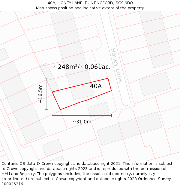 40A, HONEY LANE, BUNTINGFORD, SG9 9BQ: Plot and title map
