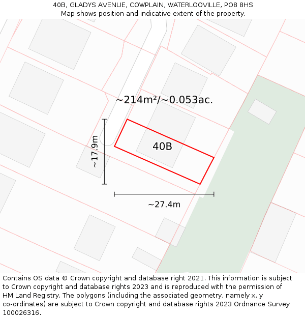 40B, GLADYS AVENUE, COWPLAIN, WATERLOOVILLE, PO8 8HS: Plot and title map