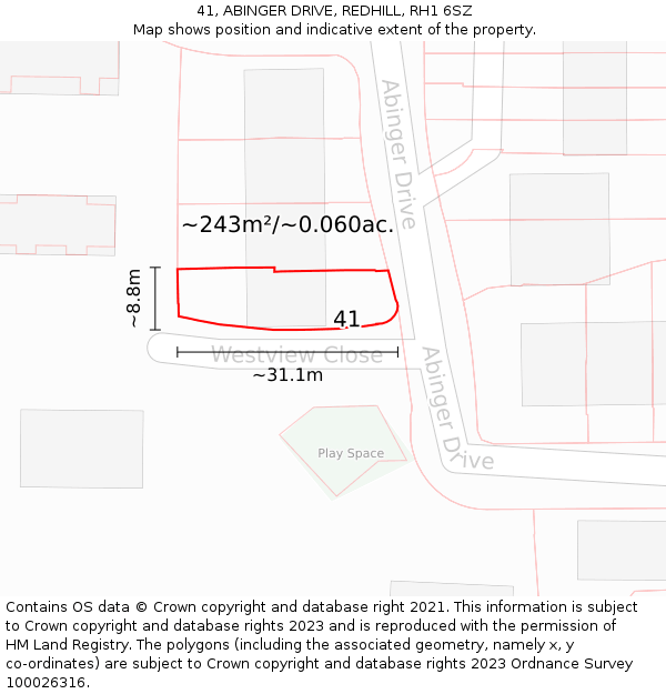 41, ABINGER DRIVE, REDHILL, RH1 6SZ: Plot and title map