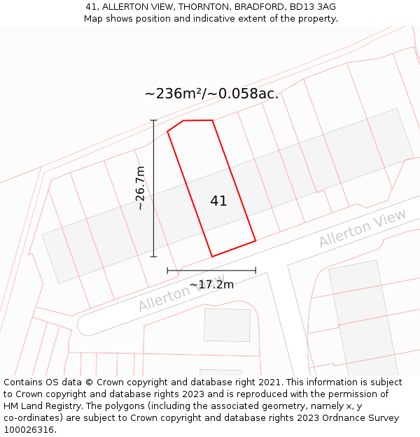 41, ALLERTON VIEW, THORNTON, BRADFORD, BD13 3AG: Plot and title map