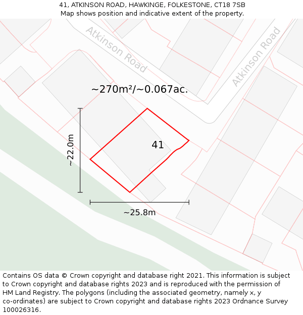 41, ATKINSON ROAD, HAWKINGE, FOLKESTONE, CT18 7SB: Plot and title map