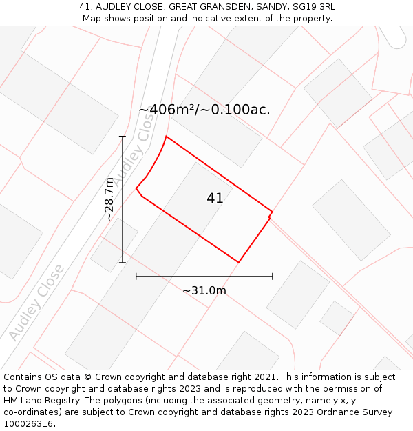 41, AUDLEY CLOSE, GREAT GRANSDEN, SANDY, SG19 3RL: Plot and title map