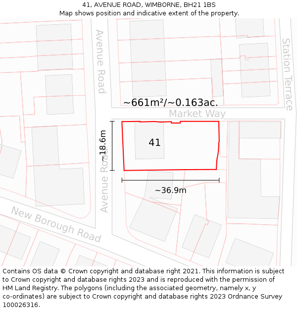 41, AVENUE ROAD, WIMBORNE, BH21 1BS: Plot and title map