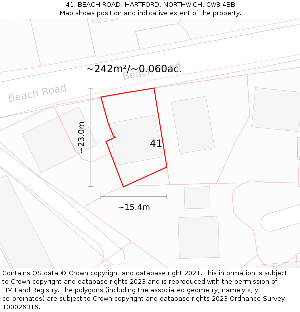 41, BEACH ROAD, HARTFORD, NORTHWICH, CW8 4BB: Plot and title map