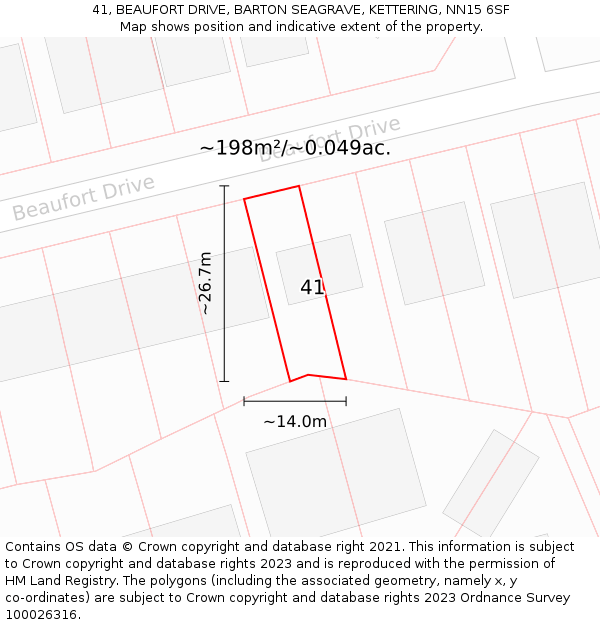 41, BEAUFORT DRIVE, BARTON SEAGRAVE, KETTERING, NN15 6SF: Plot and title map