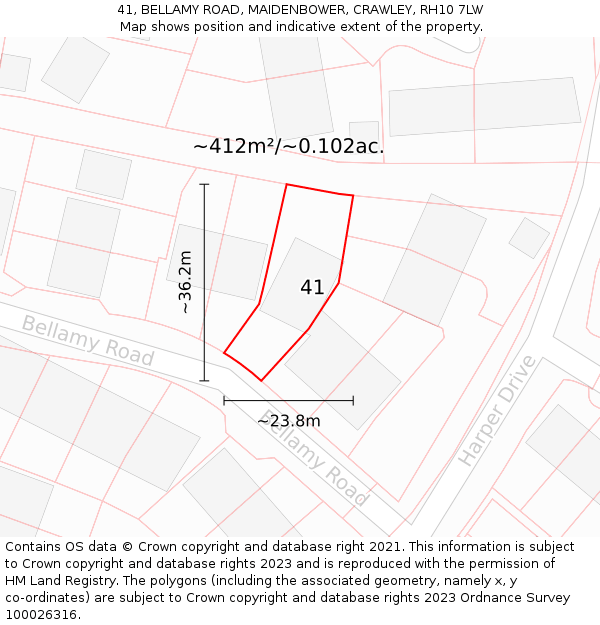 41, BELLAMY ROAD, MAIDENBOWER, CRAWLEY, RH10 7LW: Plot and title map