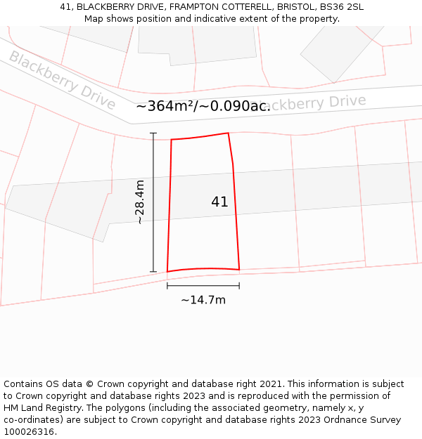 41, BLACKBERRY DRIVE, FRAMPTON COTTERELL, BRISTOL, BS36 2SL: Plot and title map