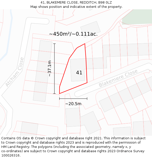 41, BLAKEMERE CLOSE, REDDITCH, B98 0LZ: Plot and title map